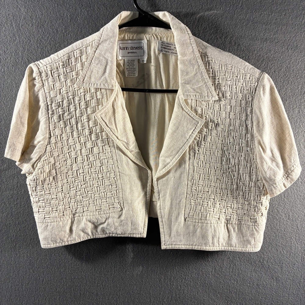 vintage karin stevens women linen blend jacket 12 crop coastal beachy vacation